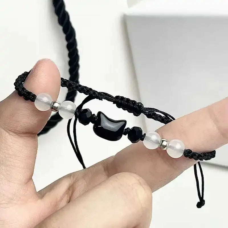 2 pçs natural moonstone obsidiana pulseiras artesanal casal bonito preto branco gato pulseira acessórios jóias