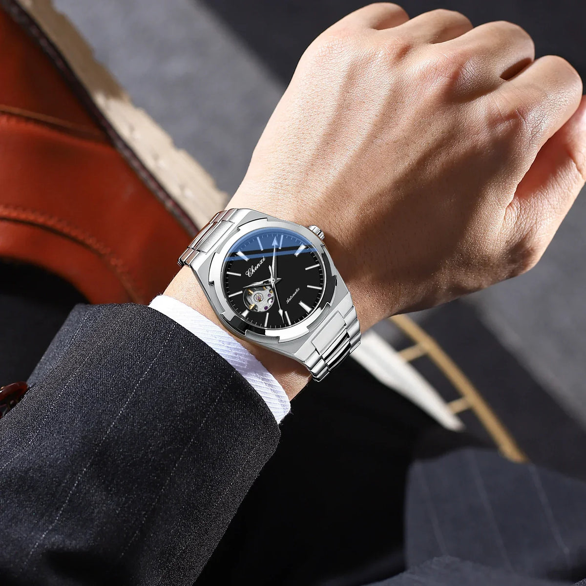Chenxi 8856 marca superior movimento automático relógio mecânico para homens esqueleto oco homem relógios à prova dwaterproof água relógio de pulso de negócios