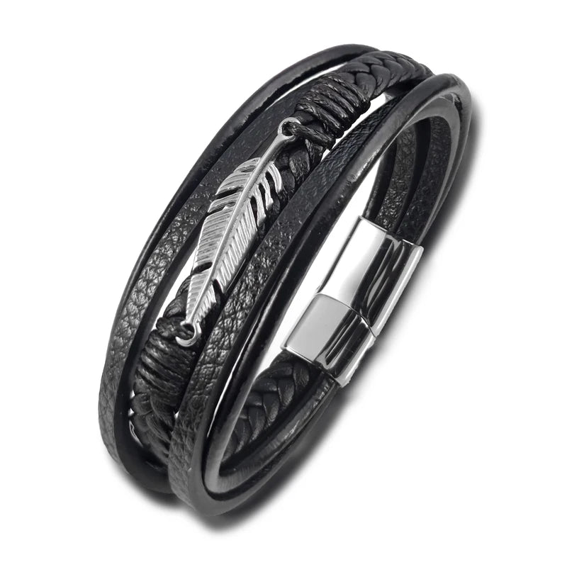 Combinação de couro multicamadas acessórios de folha de bordo estilo simples pulseira de couro de aço inoxidável masculino presente clássico grande venda