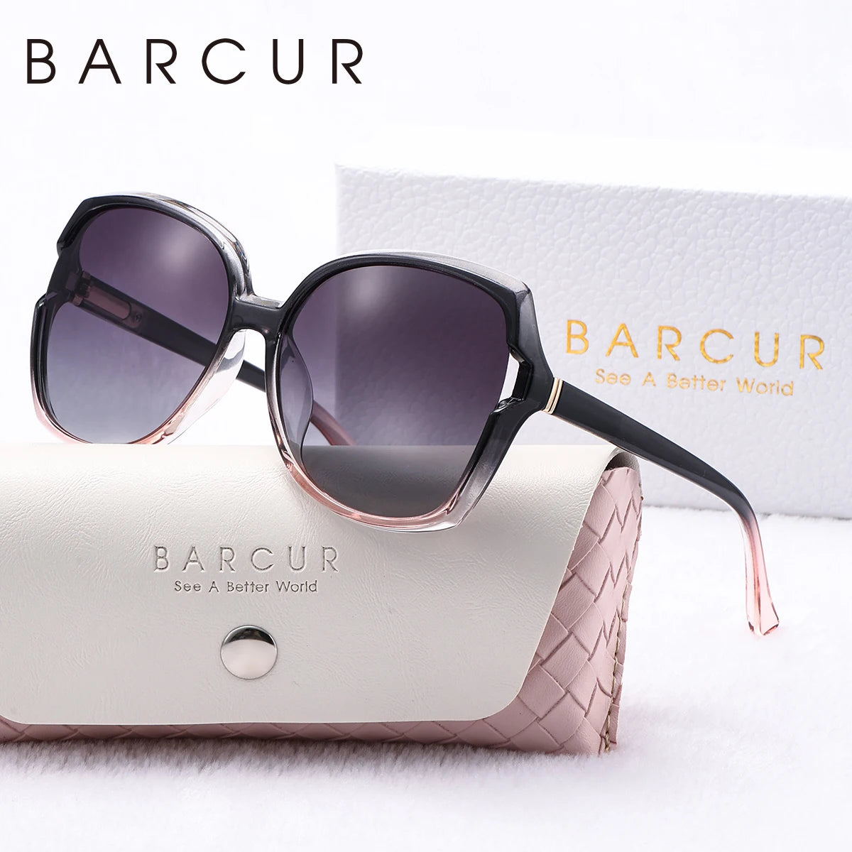 Barrcur moda feminina óculos de sol cores gradientes pc elíptico grande quadro uva/b polarizado óculos de sol branco pacote caixa de presente