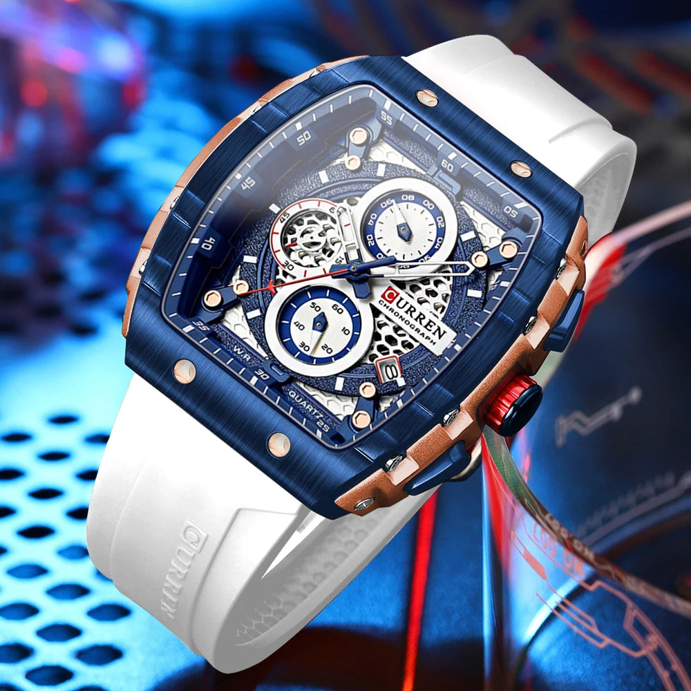 CURREN Esporte Cronógrafo Relógio de Quartzo para Homens Moda Azul Pulseira de Silicone Tonneau Dial Relógio de Pulso com Data 3atm À Prova D 'Água