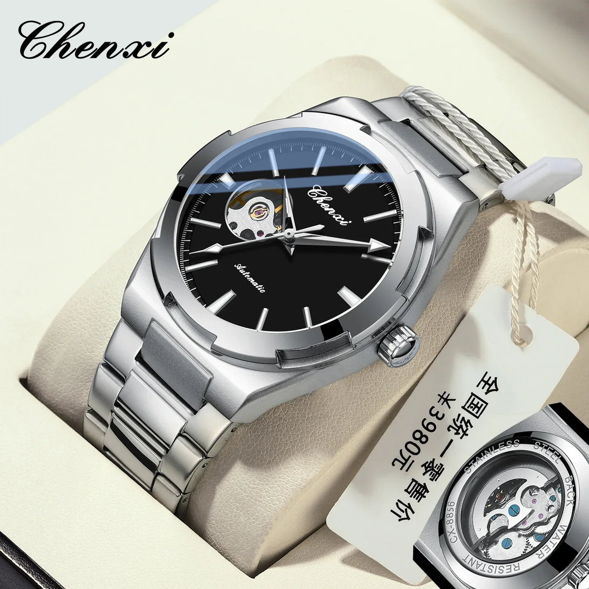Chenxi 8856 marca superior movimento automático relógio mecânico para homens esqueleto oco homem relógios à prova dwaterproof água relógio de pulso de negócios