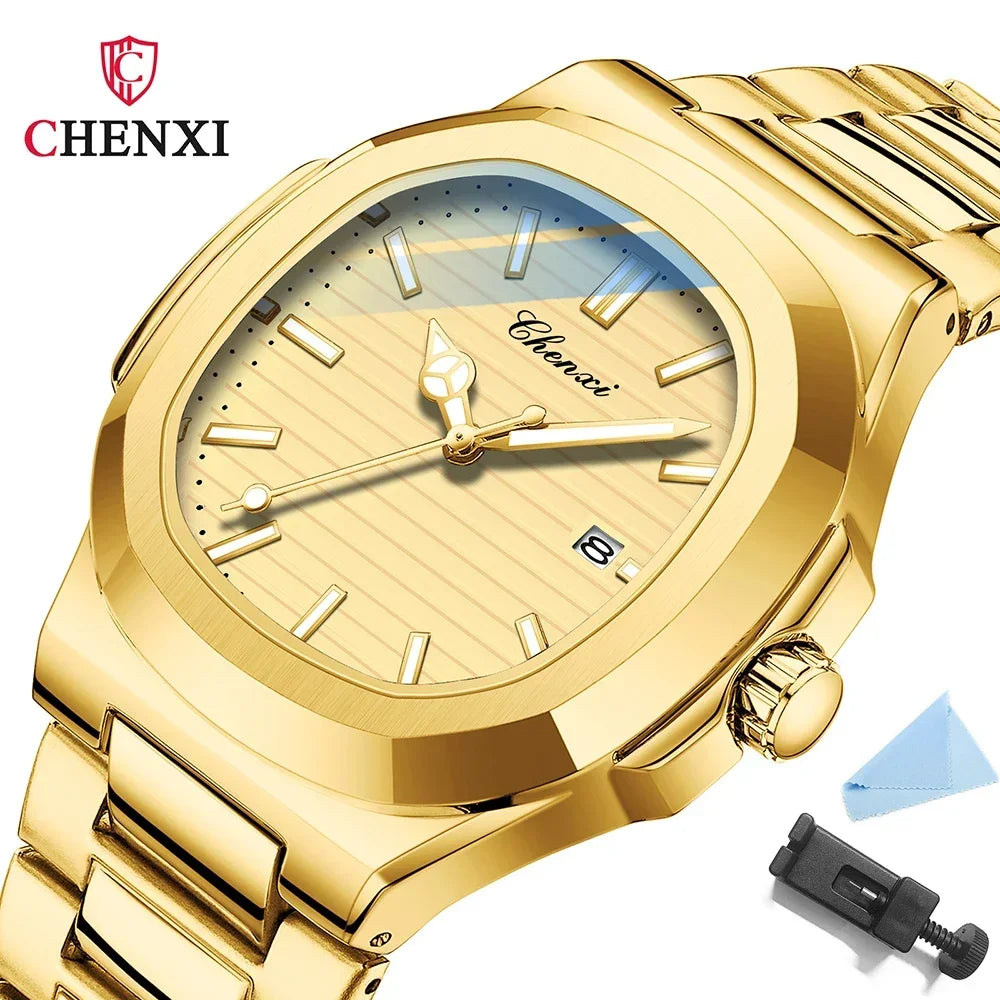 Chenxi 8222 luxo ouro aço inoxidável luminoso casual relógio de negócios para homens moda quartzo relógios pulso à prova dwaterproof água