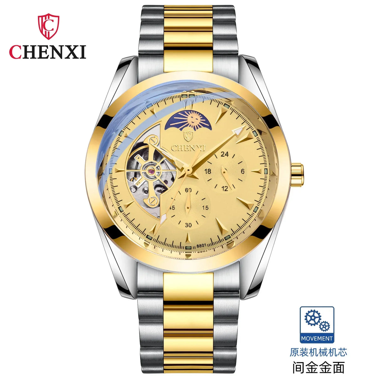 CHENXI-Homens relógios mecânicos ocos, relógio de pulso automático, relógios chineses criativos, 8801