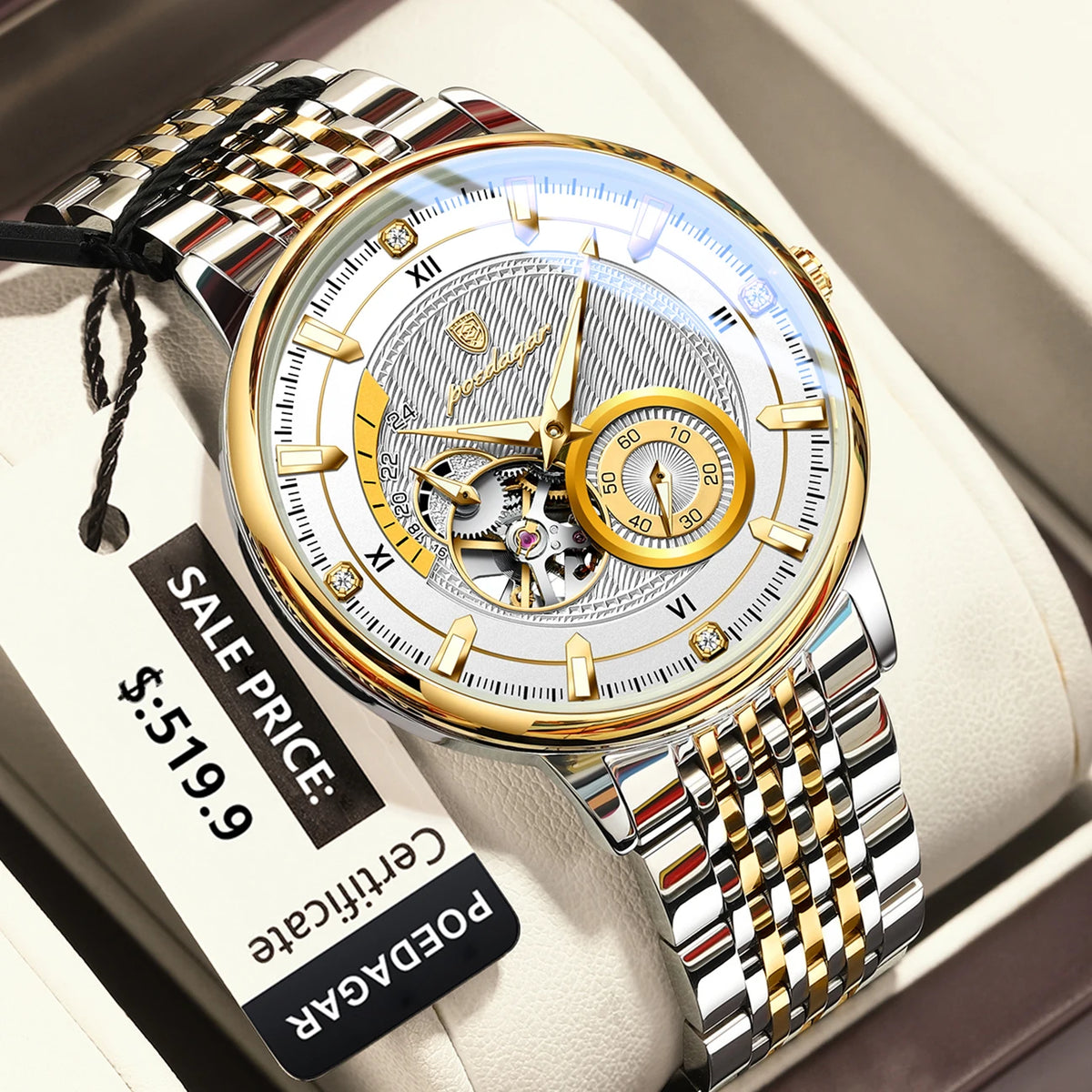 Poedagar topo de luxo relógio masculino luminoso oco tourbillon automático homem relógio de pulso mecânico aço inoxidável relógios masculinos reloj