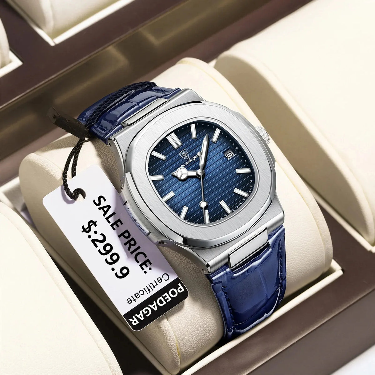 Poedagar topo de luxo quadrado homem relógio data à prova dwaterproof água luminosa relógio de pulso masculino couro alta qualidade relógios quartzo + caixa reloj