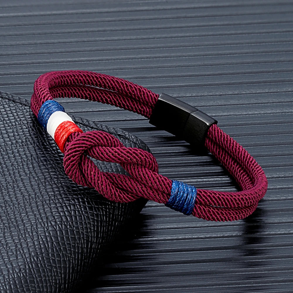 MKENDN Pulseira de corda com nó quadrado de aço inoxidável preto, masculina, feminina, feita à mão, design de camada dupla, bandeira da França, joias de casal