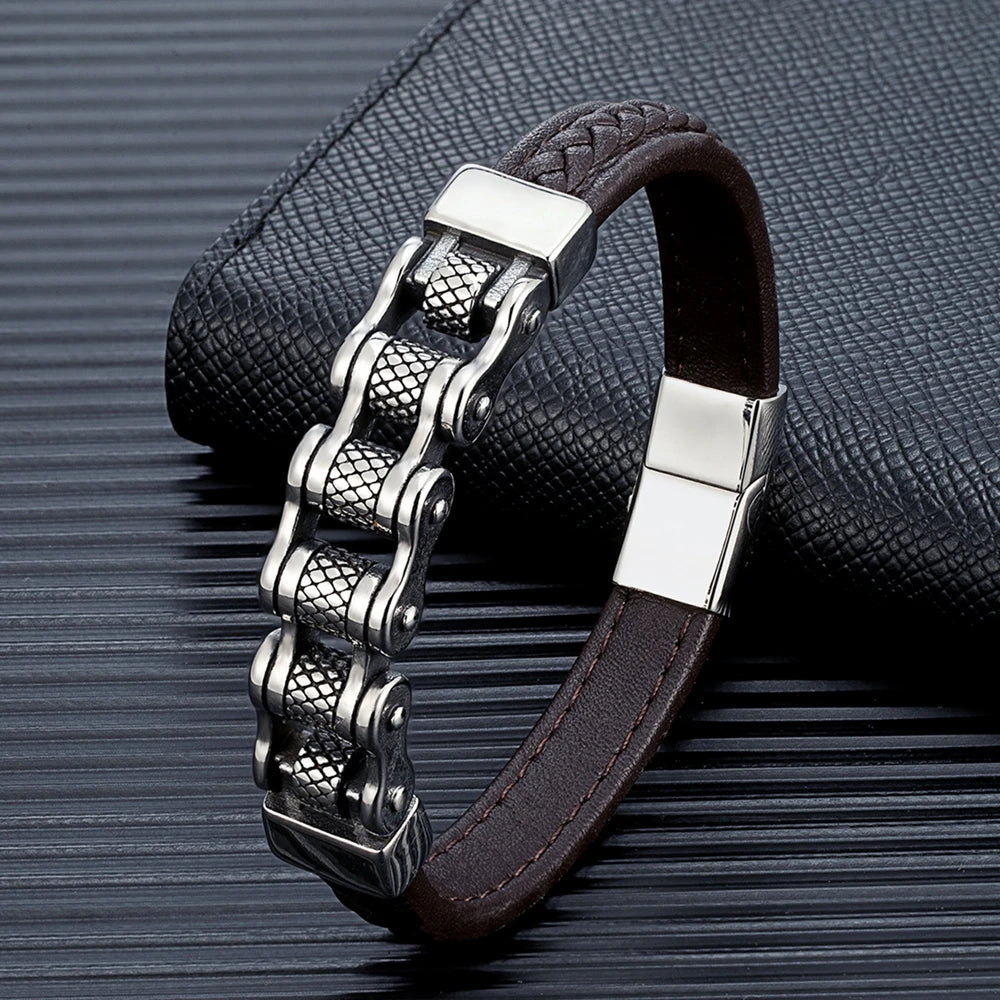 Mkendn punk masculino corrente de motociclista trançado pulseira de couro genuíno aço inoxidável fivela magnética pulseira presentes homme pulseras