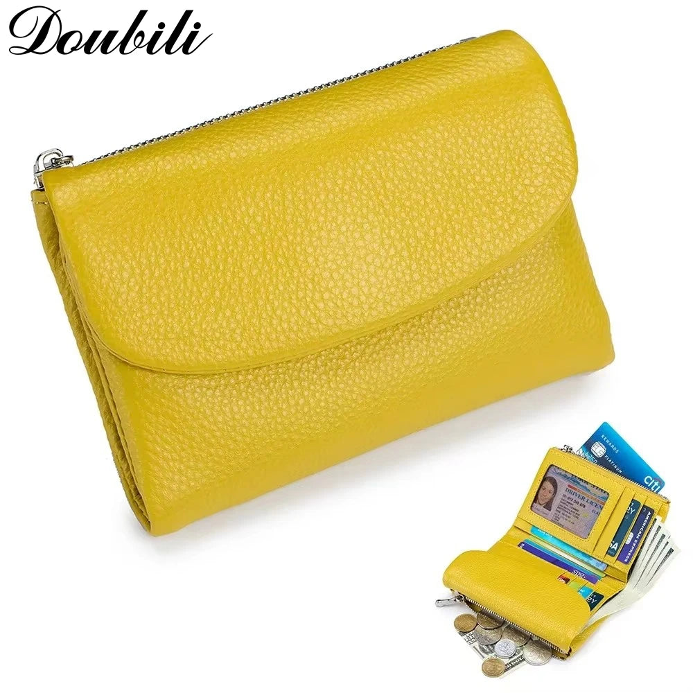 Carteira curta feminina Doubili carteira de couro macio moda bolsa de cor sólida