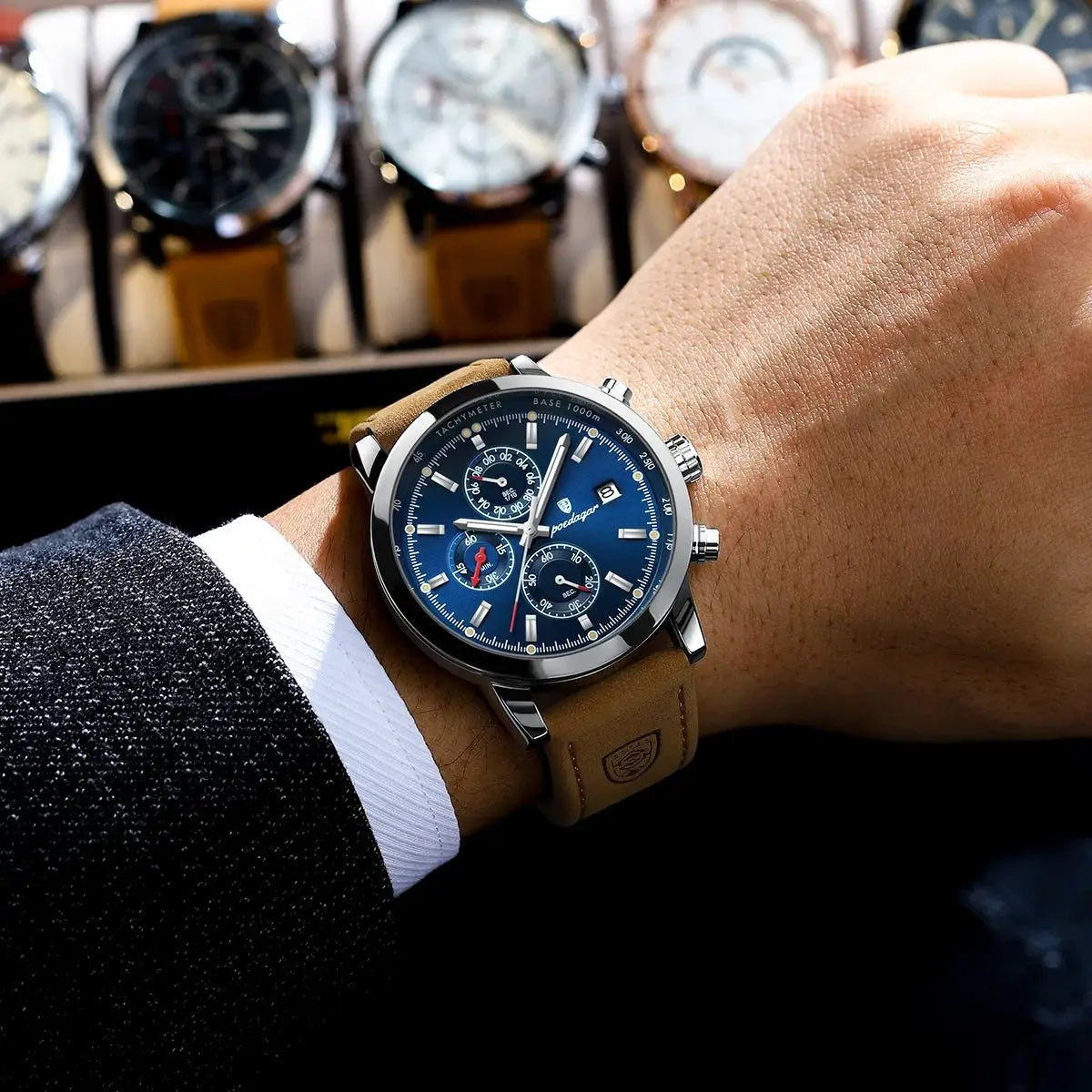 Poedagar relógio de pulso de luxo para homem à prova dwaterproof água luminosa cronógrafo data relógio masculino esportes couro relógios quartzo masculino reloj