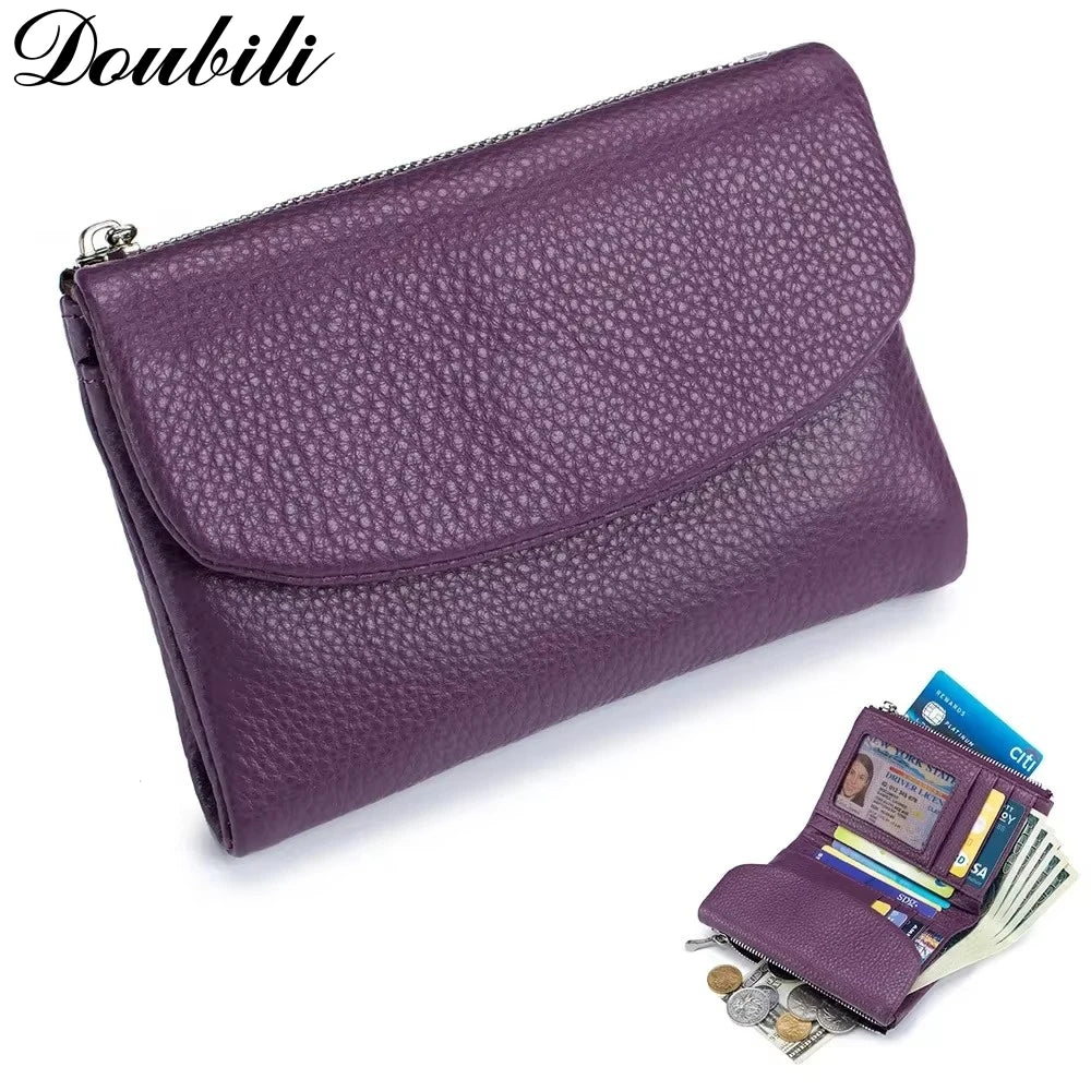 Carteira curta feminina Doubili carteira de couro macio moda bolsa de cor sólida