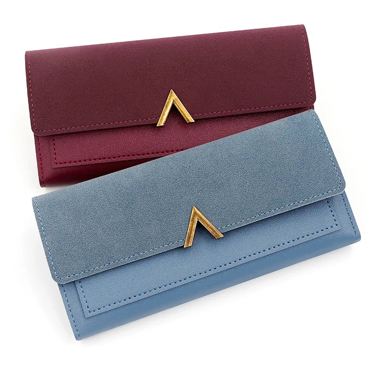 Nova versão coreana carteira feminina longa fivela em forma de v carteira três dobras para mulher, bolsa de mão, bolsa de cartão de mudança