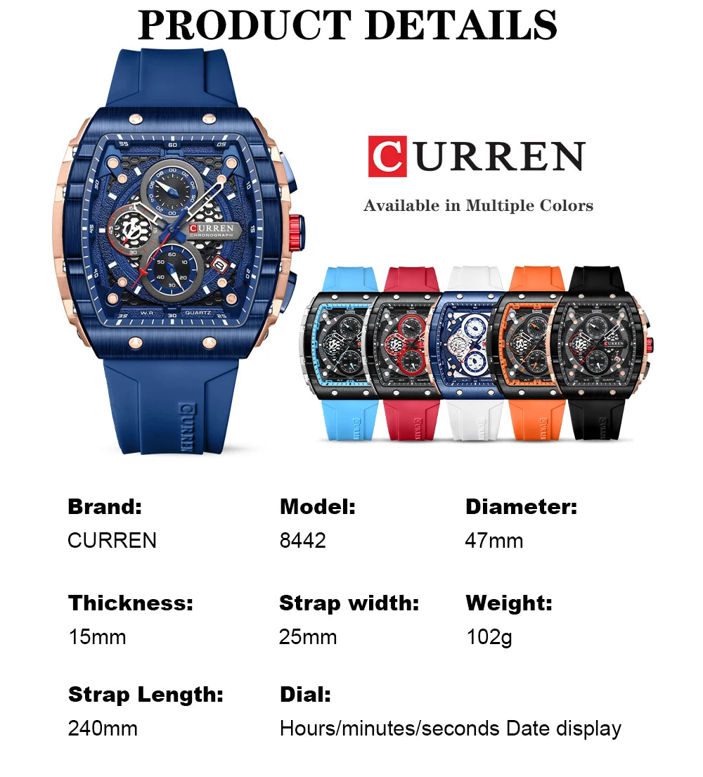 CURREN Esporte Cronógrafo Relógio de Quartzo para Homens Moda Azul Pulseira de Silicone Tonneau Dial Relógio de Pulso com Data 3atm À Prova D 'Água