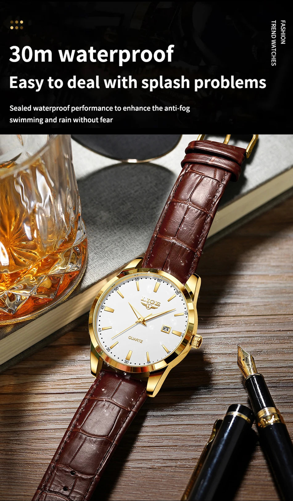 Lige moda relógio de couro marrom masculino militar esportes quartzo relógios de pulso casual à prova dwaterproof água cronógrafo relogios masculino