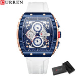 CURREN Esporte Cronógrafo Relógio de Quartzo para Homens Moda Azul Pulseira de Silicone Tonneau Dial Relógio de Pulso com Data 3atm À Prova D 'Água
