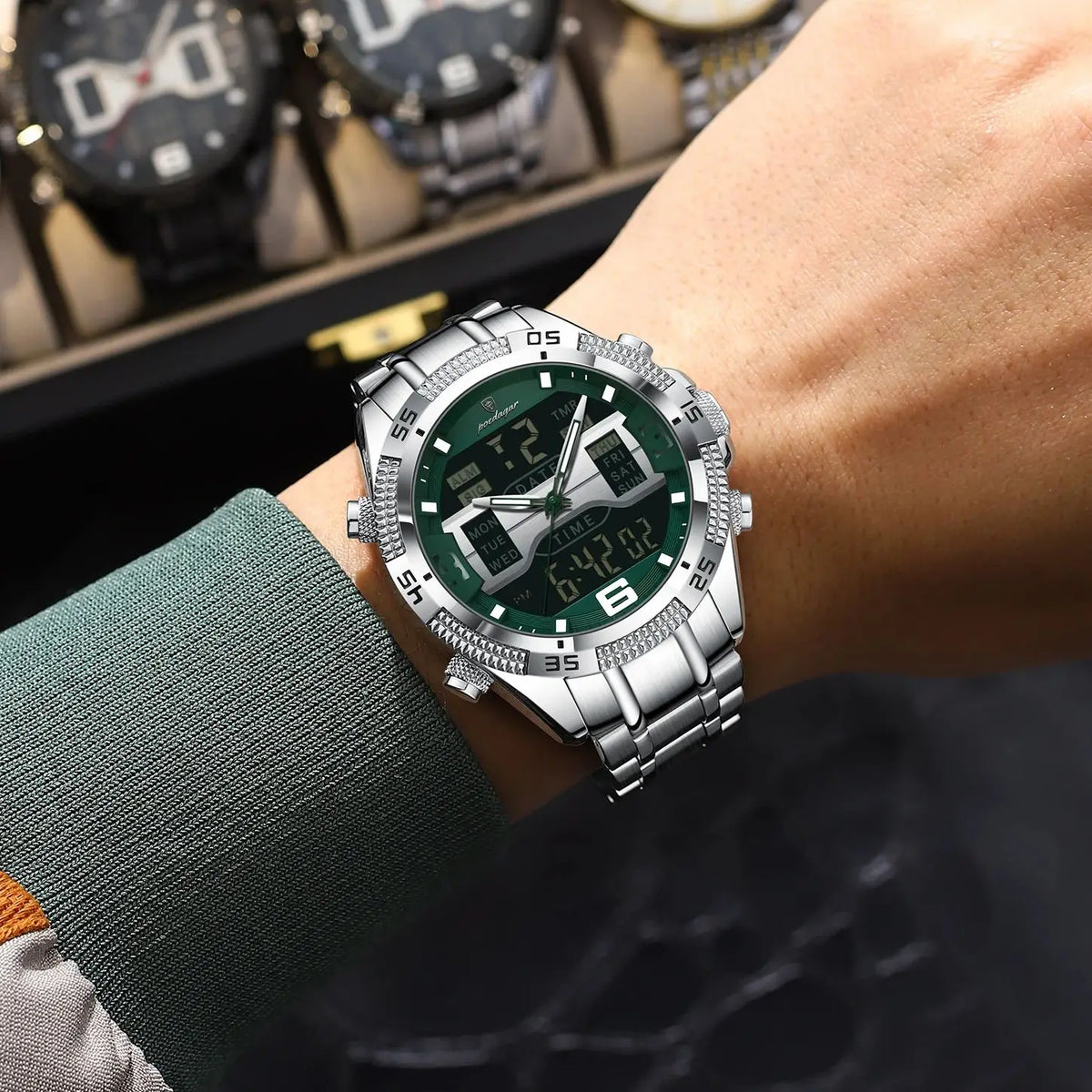 Poedagar led relógio de luxo masculino esportes dupla exibição tempo digital luminoso semana data homem relógio de pulso eletrônico quartzo relógios masculinos