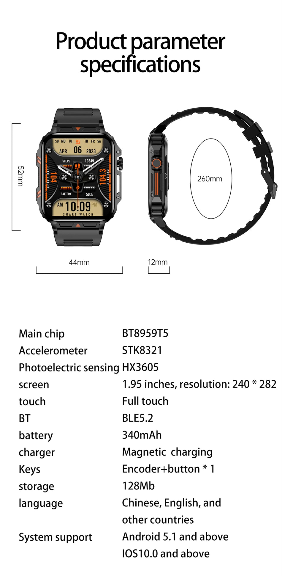 Novo esportes ao ar livre relógio inteligente masculino 1.95 polegada freqüência cardíaca oxigênio no sangue à prova dwaterproof água bt chamada smartwatch presente masculino para android ios