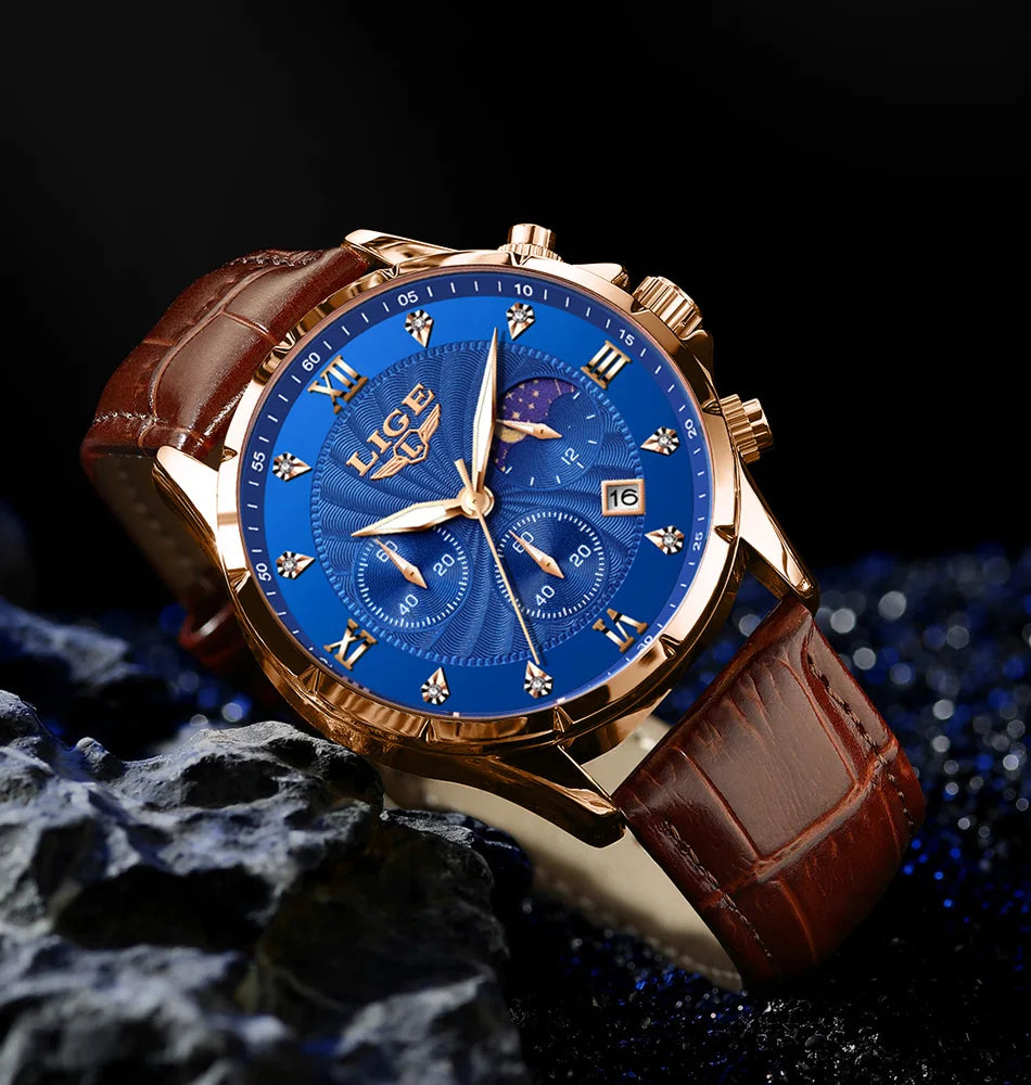 Novos relógios masculinos lige marca superior de luxo couro casual relógio quartzo esporte à prova dwaterproof água relógio relogios masculino + caixa