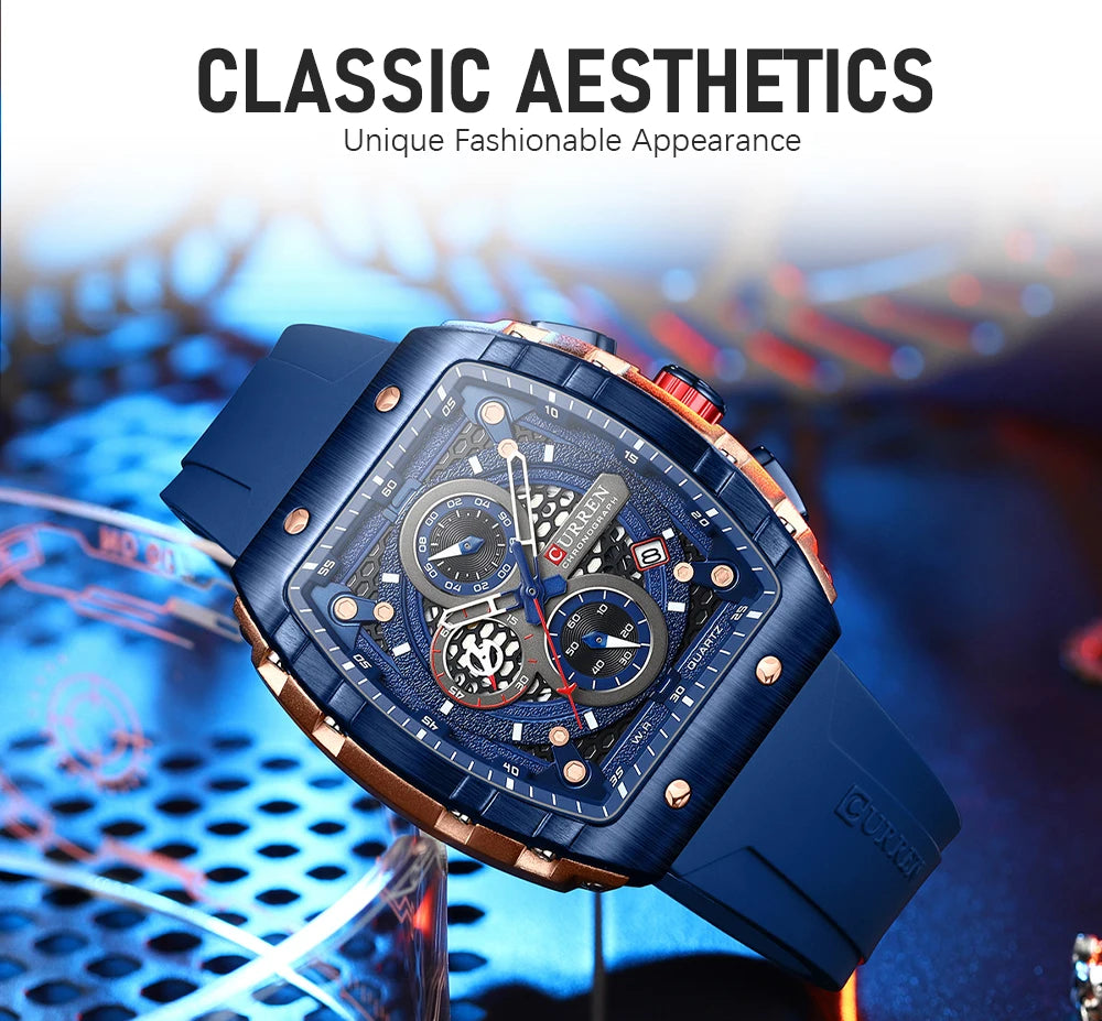 CURREN Esporte Cronógrafo Relógio de Quartzo para Homens Moda Azul Pulseira de Silicone Tonneau Dial Relógio de Pulso com Data 3atm À Prova D 'Água