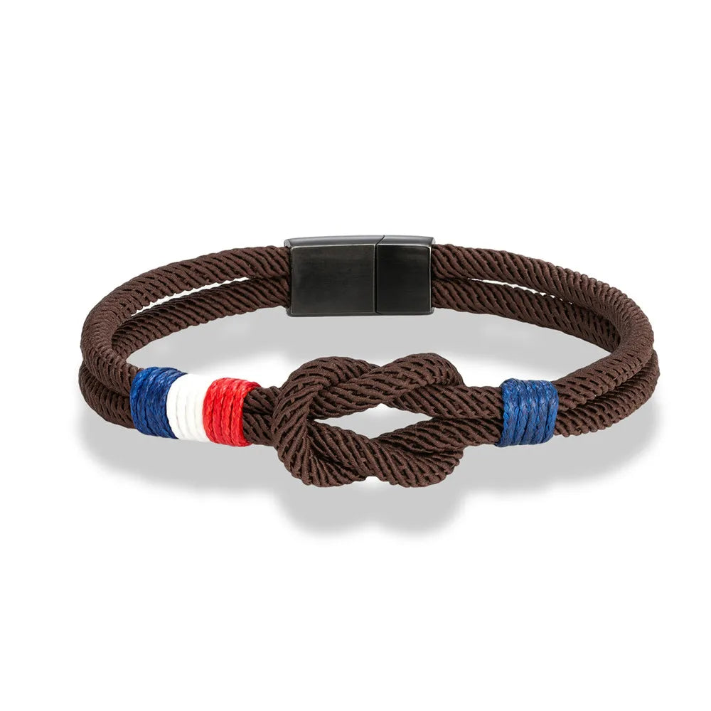 MKENDN Pulseira de corda com nó quadrado de aço inoxidável preto, masculina, feminina, feita à mão, design de camada dupla, bandeira da França, joias de casal