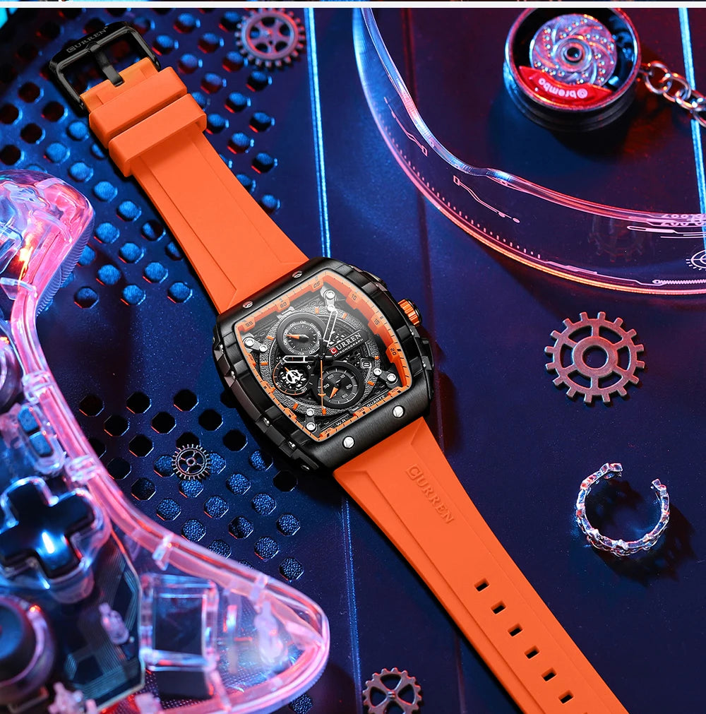 CURREN Esporte Cronógrafo Relógio de Quartzo para Homens Moda Azul Pulseira de Silicone Tonneau Dial Relógio de Pulso com Data 3atm À Prova D 'Água