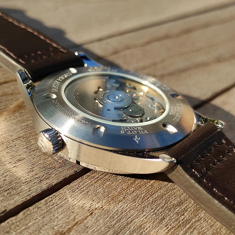 Relógio de pulso mecânico automático masculino, impermeável, calendário luminoso, ponteiro de gás, piloto alemão, NH38A movimento, C1