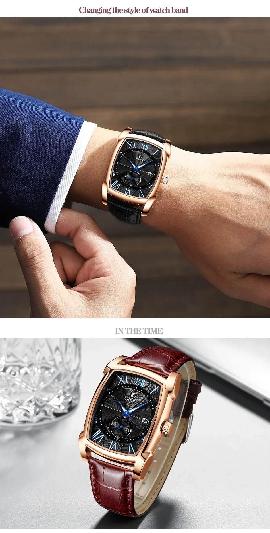 2024 CHENXI 8209 Relógios masculinos pulseira de couro casual luxo quartzo relógios de pulso quadrados à prova d'água