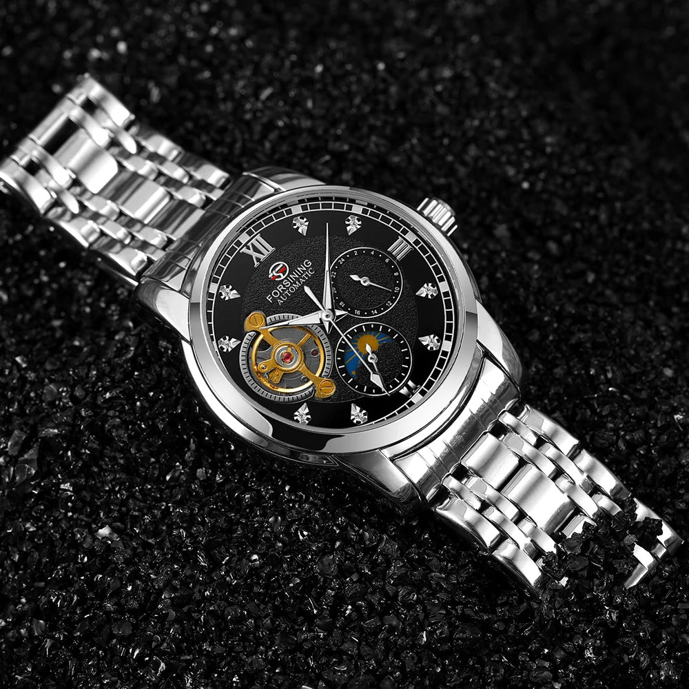Forsining moda masculina luxo negócios pulseira de metal turbilhão luminoso relógio mecânico automático diamante artificial relógio de pulso
