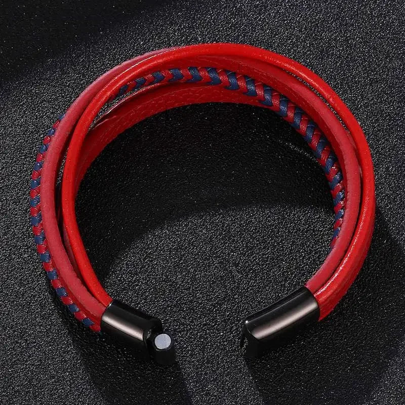 Moda pulseiras de couro vermelho masculino aço inoxidável multicamadas trançado corda pulseiras para mulheres pulseira jóias presentes sp1076