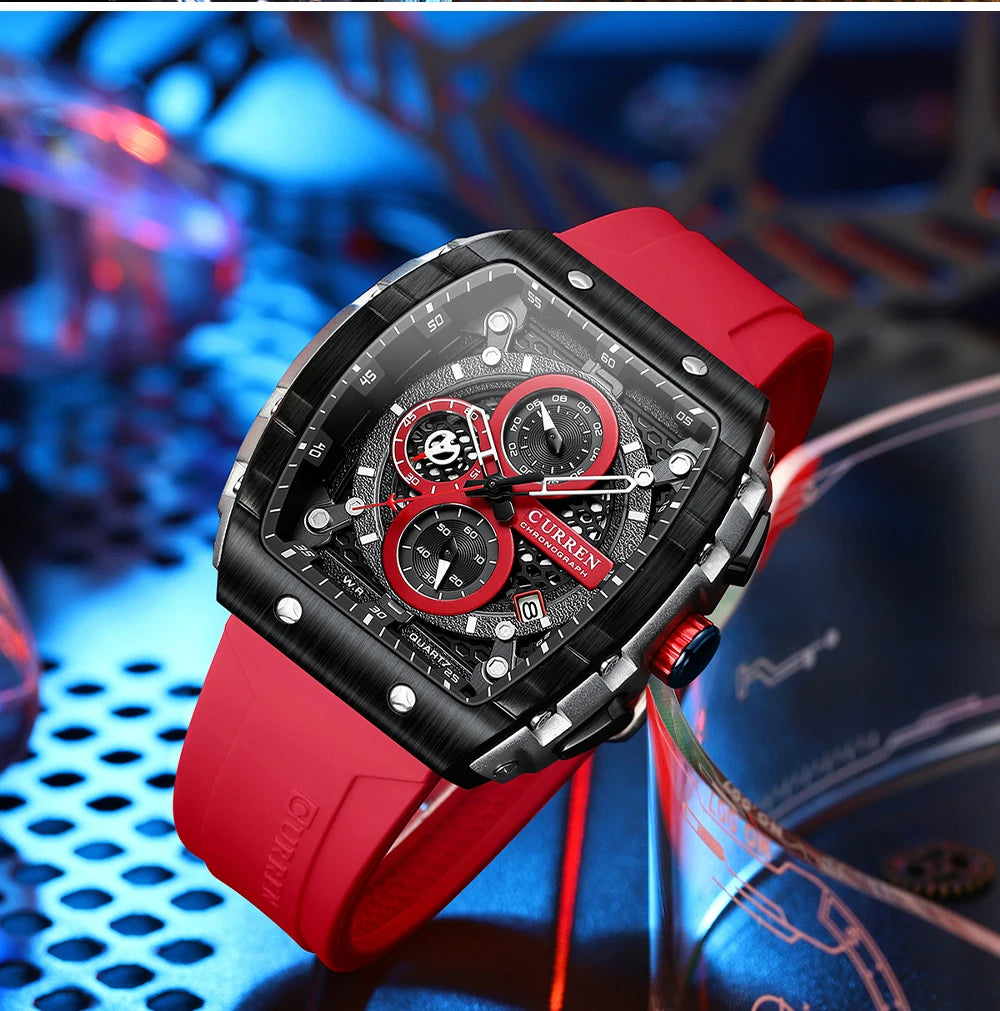 CURREN Esporte Cronógrafo Relógio de Quartzo para Homens Moda Azul Pulseira de Silicone Tonneau Dial Relógio de Pulso com Data 3atm À Prova D 'Água