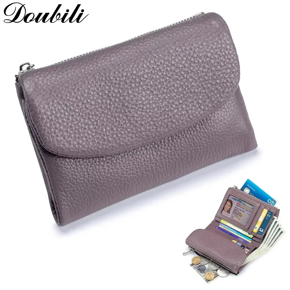 Carteira curta feminina Doubili carteira de couro macio moda bolsa de cor sólida