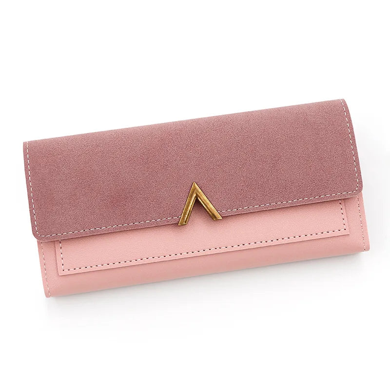 Nova versão coreana carteira feminina longa fivela em forma de v carteira três dobras para mulher, bolsa de mão, bolsa de cartão de mudança