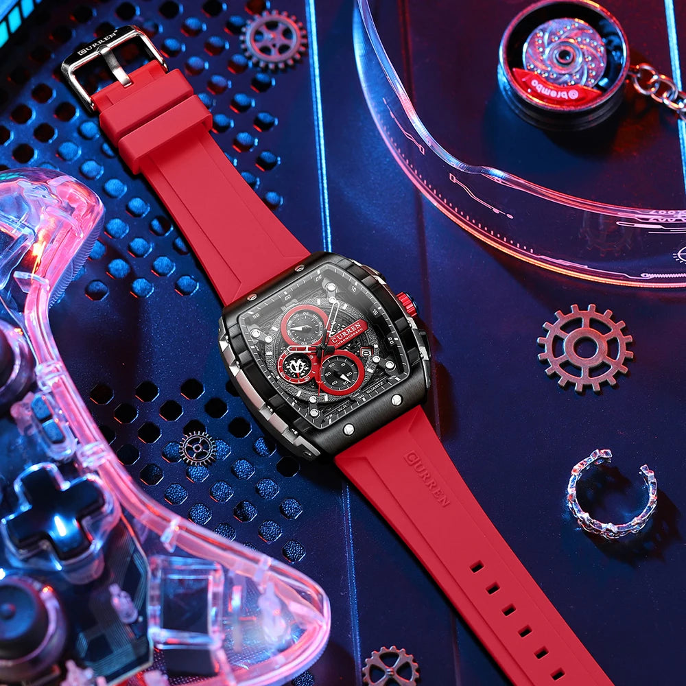 CURREN Esporte Cronógrafo Relógio de Quartzo para Homens Moda Azul Pulseira de Silicone Tonneau Dial Relógio de Pulso com Data 3atm À Prova D 'Água