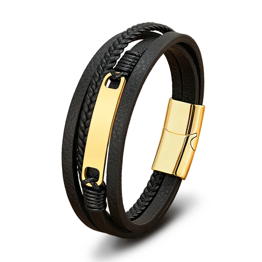 Xqni pulseira de couro trançado multicamadas, masculina, tendência legal, aço inoxidável, fivela casual, acessórios de joias, presente