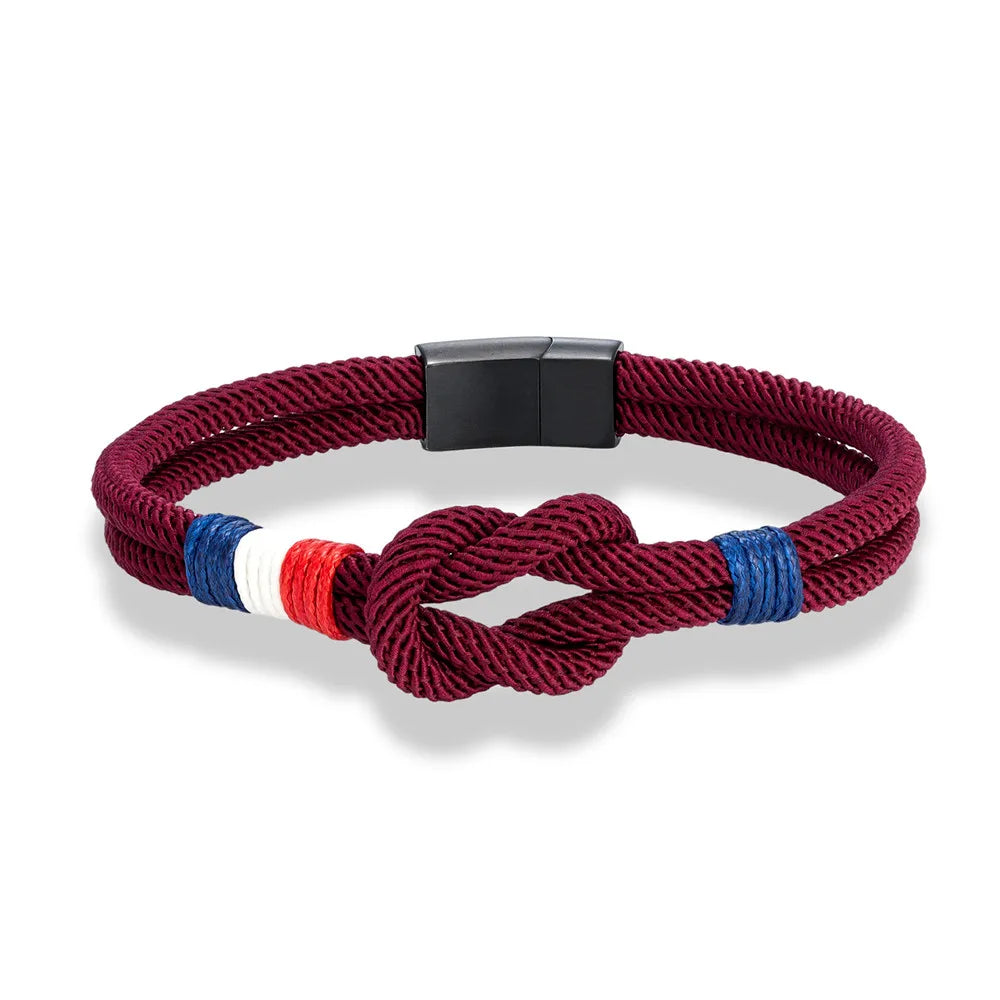 MKENDN Pulseira de corda com nó quadrado de aço inoxidável preto, masculina, feminina, feita à mão, design de camada dupla, bandeira da França, joias de casal