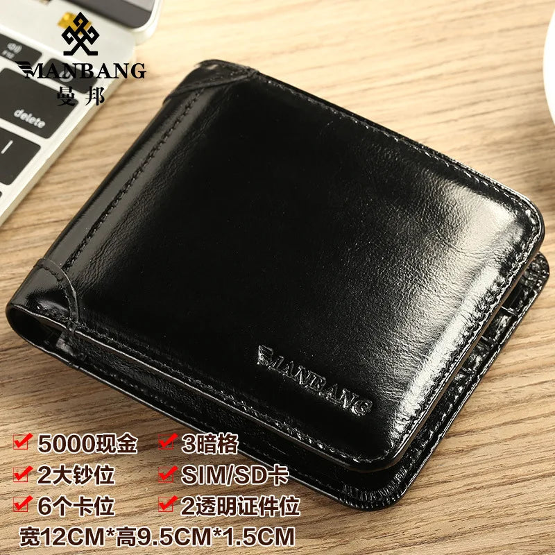 【Couro de couro genuíno】Manbang marca venda quente carteira masculina de luxo original curto tri-fold primeira camada bolsa de negócios