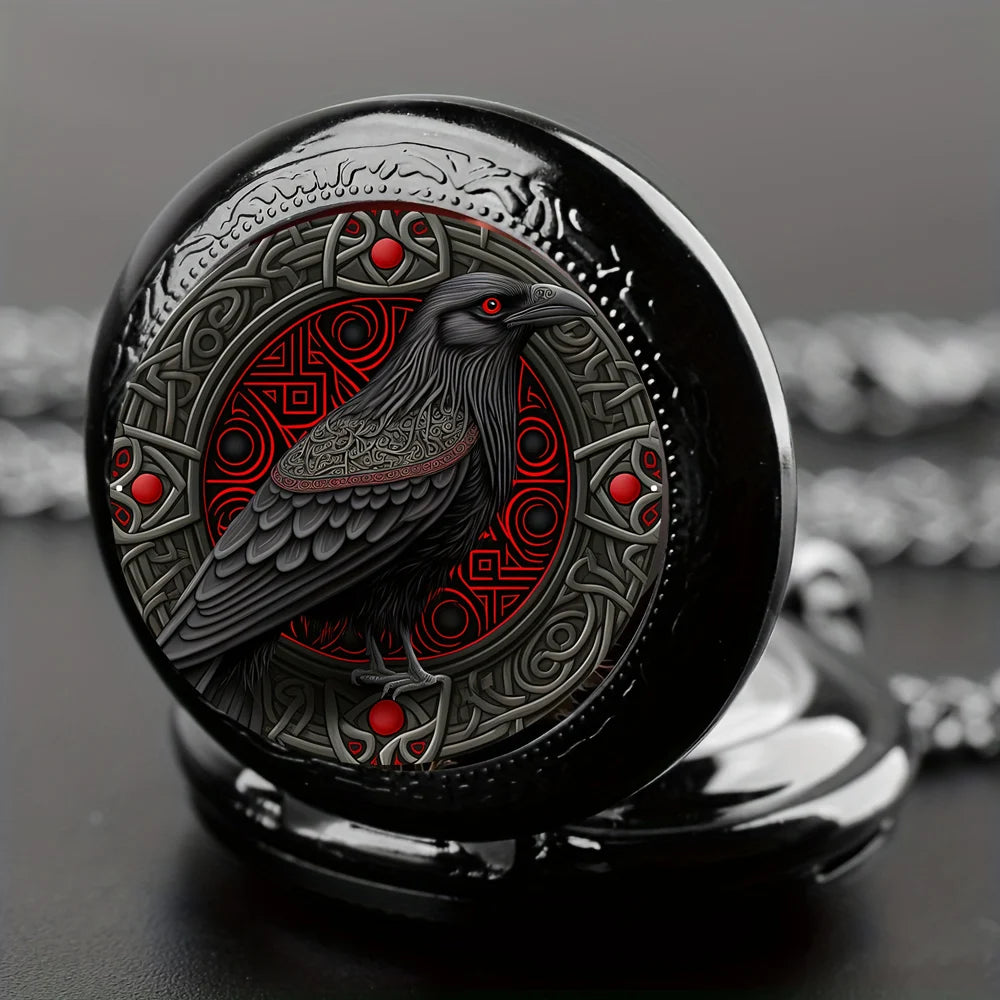 Relógio de bolso requintado de corvo inteligente estilo vintage - movimento de quartzo, mostrador redondo, colar preto exclusivo presente de lembrança para crianças