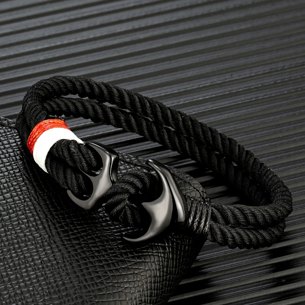 MKENDN Pulseiras de âncora masculinas, fio duplo, surfista náutico, corda à prova d'água, pulseira feminina, fivela esportiva de aço inoxidável preto