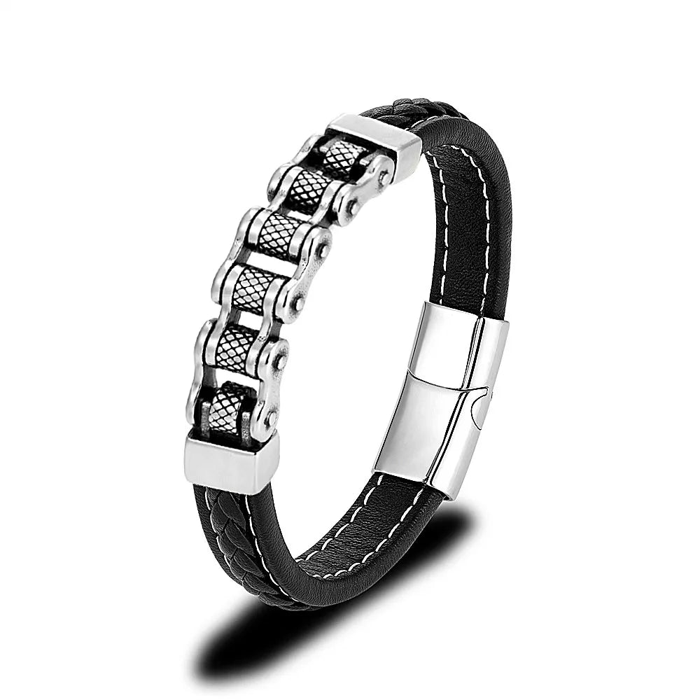 Mkendn punk masculino corrente de motociclista trançado pulseira de couro genuíno aço inoxidável fivela magnética pulseira presentes homme pulseras