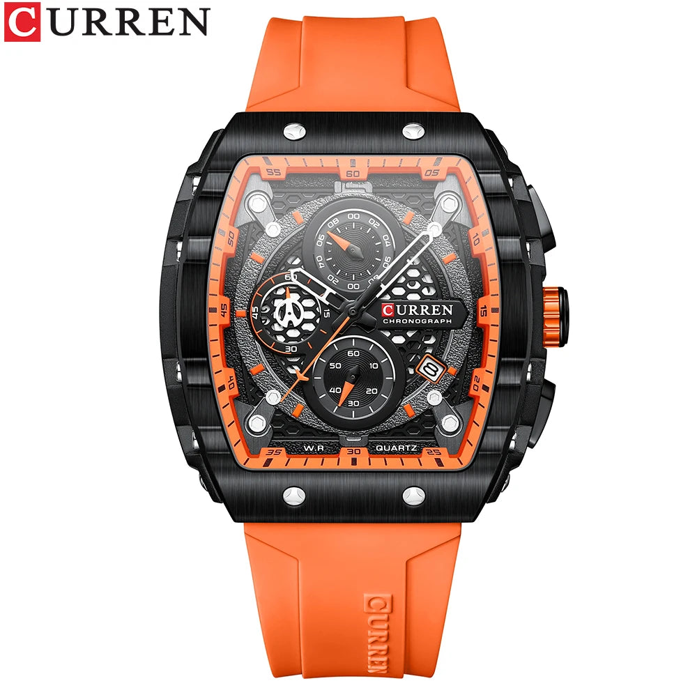 CURREN Esporte Cronógrafo Relógio de Quartzo para Homens Moda Azul Pulseira de Silicone Tonneau Dial Relógio de Pulso com Data 3atm À Prova D 'Água
