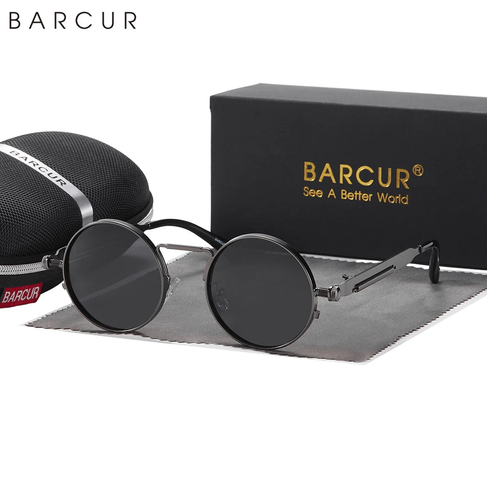 Barcur-redondo óculos de sol para homens e mulheres, polarizada, retro, steampunk, estilo vintage, uv400, acessório