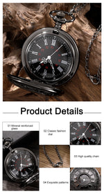 Relógio de bolso Steampunk com corrente para homens e mulheres, colar com pingente, charme vintage, preto, número romano, quartzo, moda unissex, presente