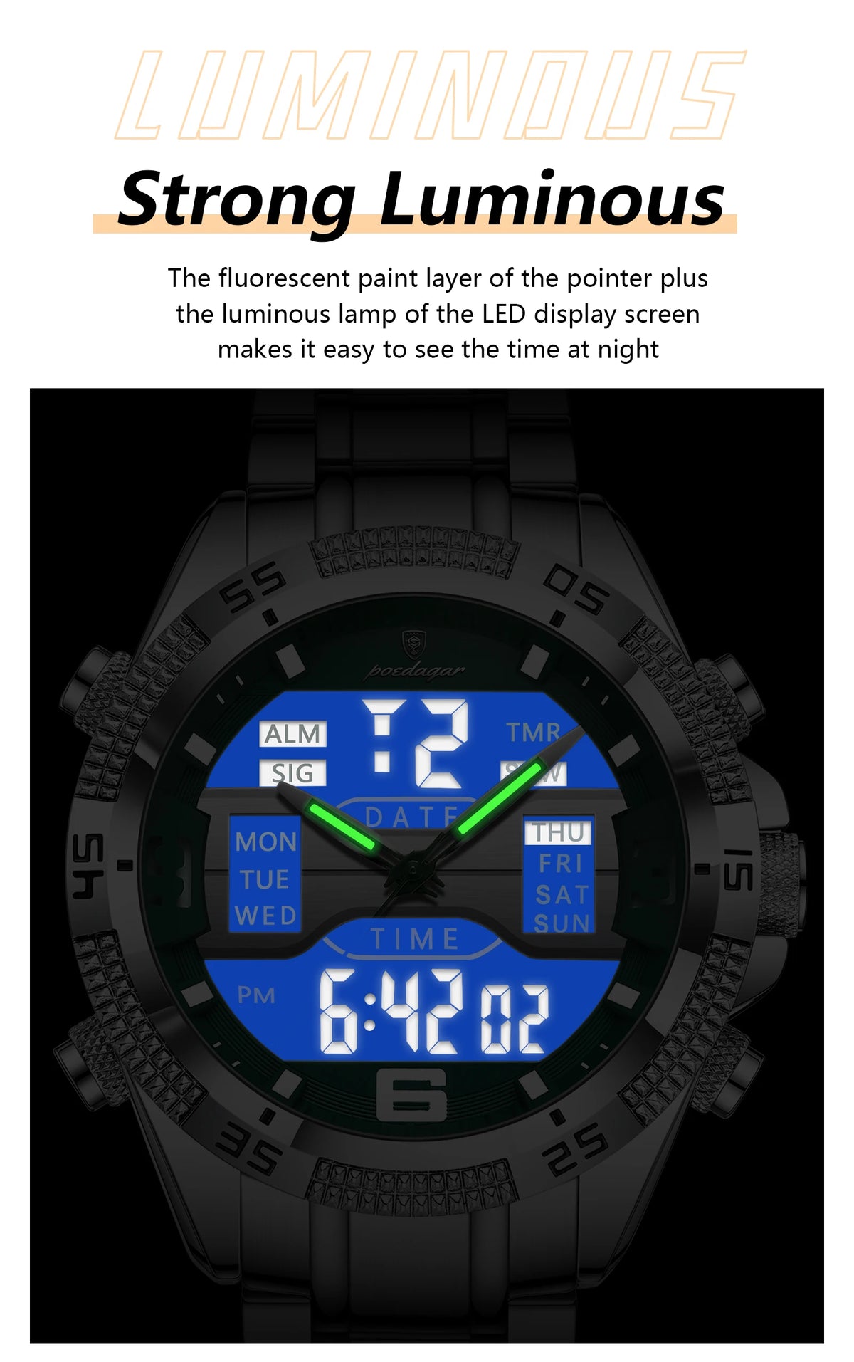 Poedagar led relógio de luxo masculino esportes dupla exibição tempo digital luminoso semana data homem relógio de pulso eletrônico quartzo relógios masculinos