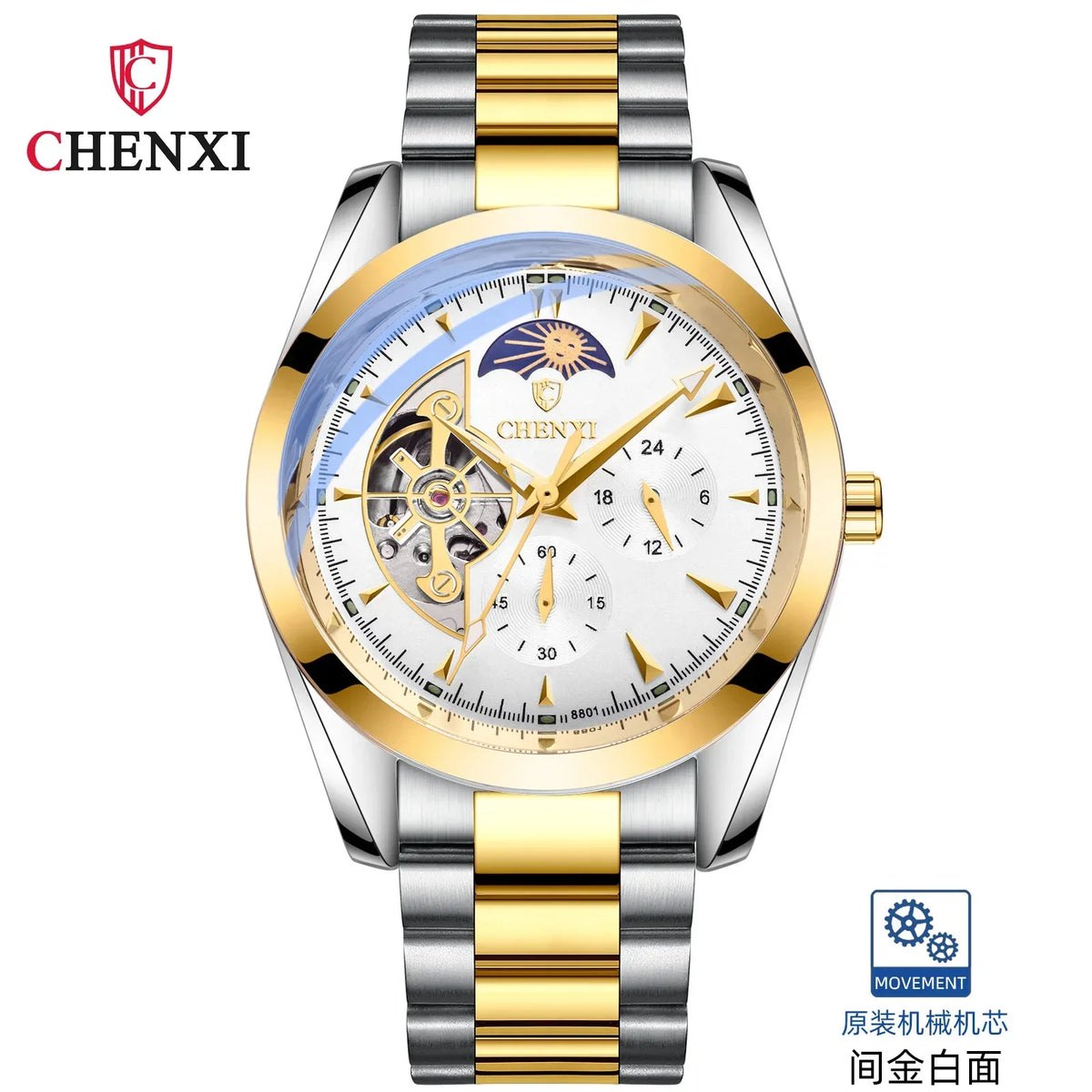CHENXI-Homens relógios mecânicos ocos, relógio de pulso automático, relógios chineses criativos, 8801