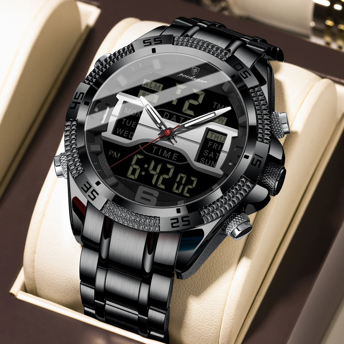 Poedagar led relógio de luxo masculino esportes dupla exibição tempo digital luminoso semana data homem relógio de pulso eletrônico quartzo relógios masculinos