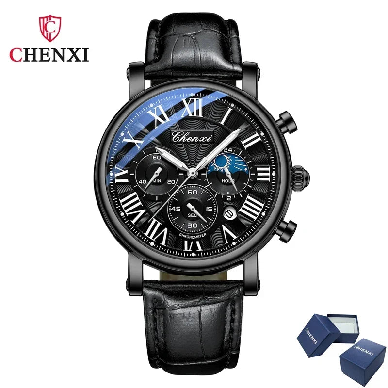 Chenxi 973 multi-função negócios fase da lua data à prova dwaterproof água roma analógico importado relógio de pulso masculino dial relógios de couro de quartzo
