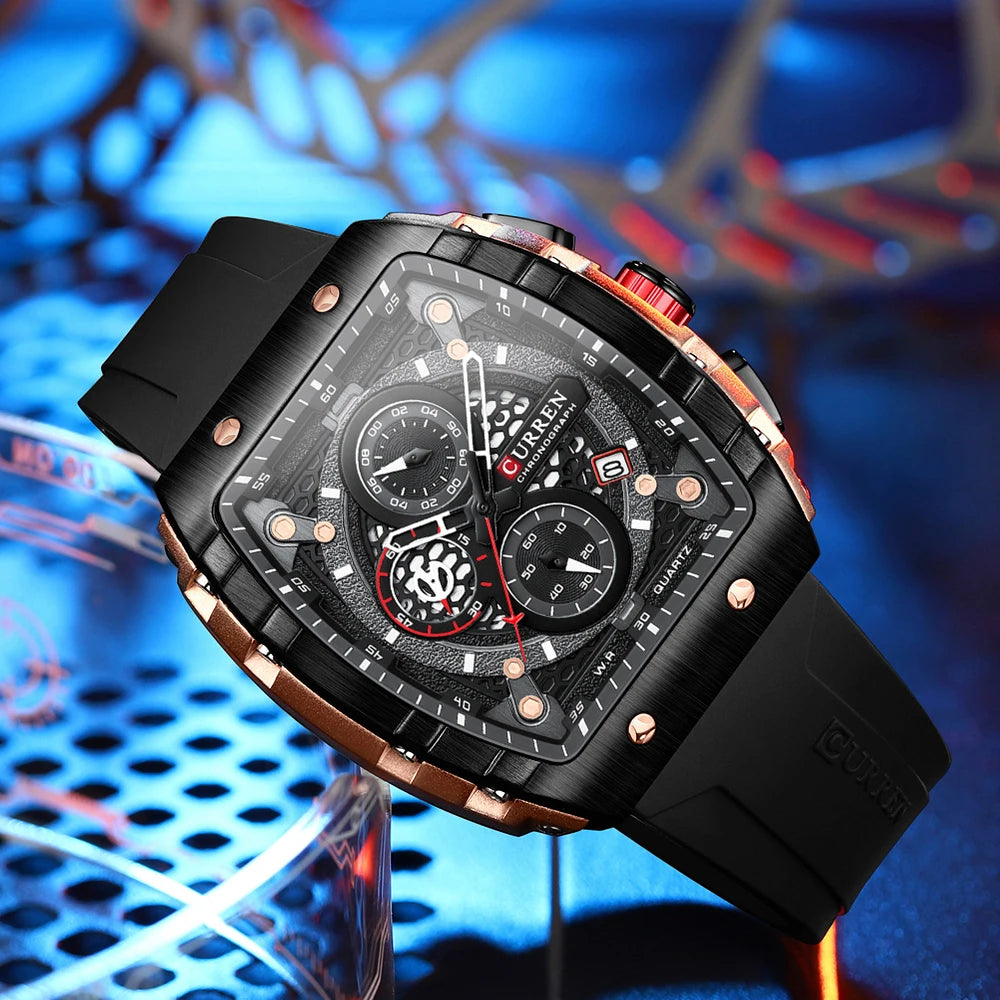 CURREN Esporte Cronógrafo Relógio de Quartzo para Homens Moda Azul Pulseira de Silicone Tonneau Dial Relógio de Pulso com Data 3atm À Prova D 'Água