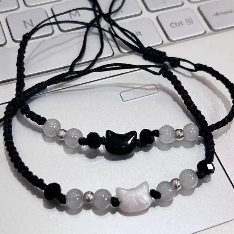 2 pçs natural moonstone obsidiana pulseiras artesanal casal bonito preto branco gato pulseira acessórios jóias