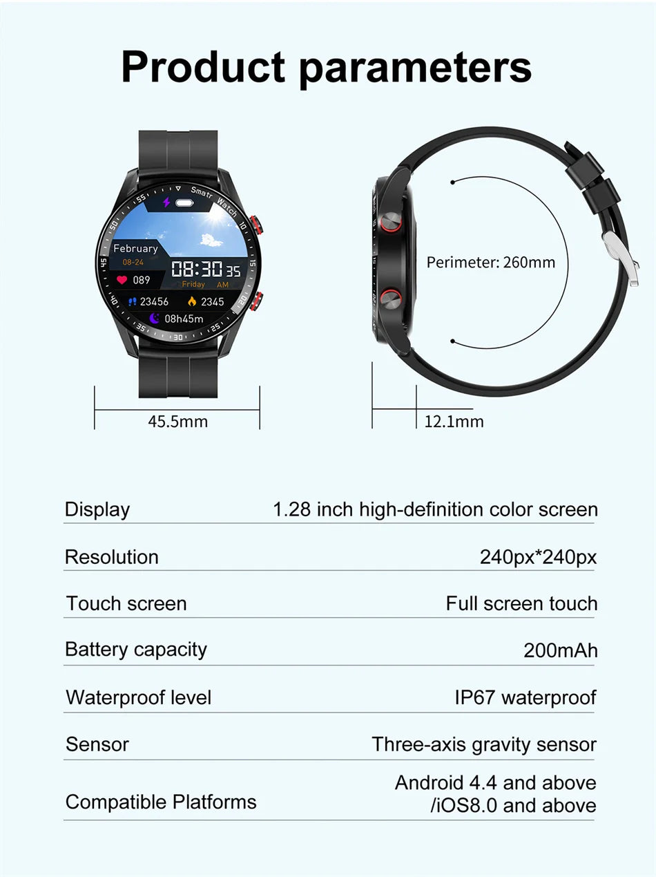 Impermeável relógio inteligente para homens, Bluetooth chamada, saúde do laser, pressão arterial, fitness esportes relógios, caixa, ECG, PPG