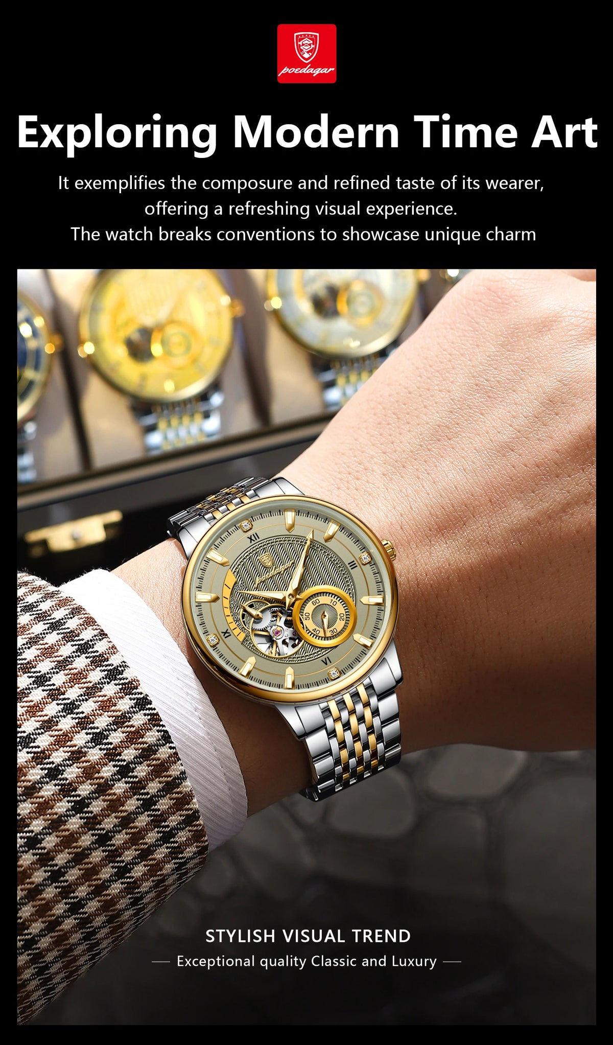 Poedagar topo de luxo relógio masculino luminoso oco tourbillon automático homem relógio de pulso mecânico aço inoxidável relógios masculinos reloj